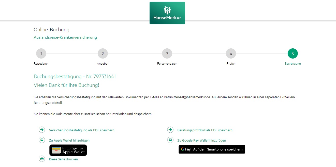 Ein Screenshot von der Bestätigungsseite des Mobile Pass. 